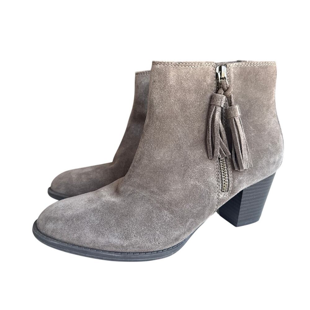 Vionic Madeline Ankle Boots Booties Suede Leather Tassel Mushroom Brown Size 8.5